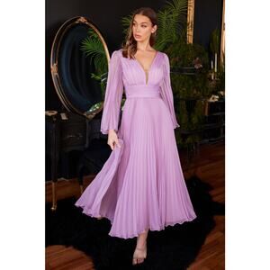 Cinderella Divine Pleated Long Sleeve Tea Length Chiffon Gown Lavender Size 10